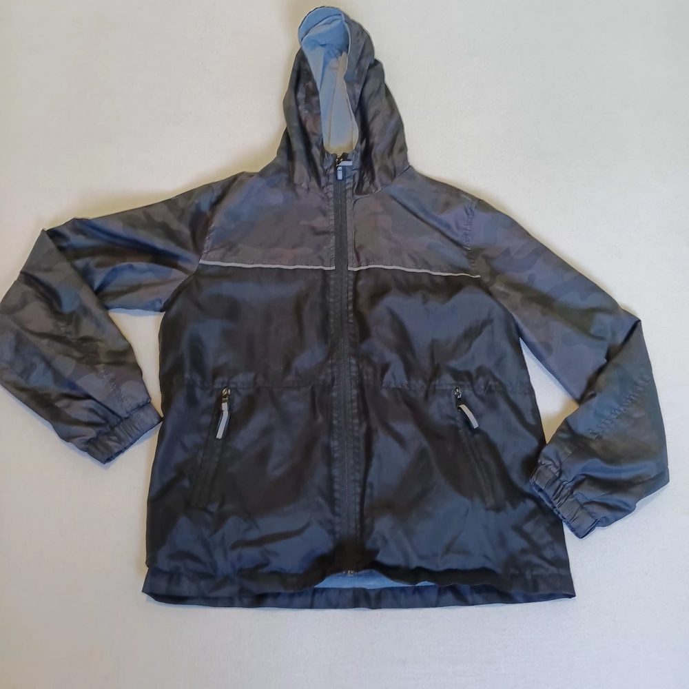 Distortion Kids Sz 10/12 Black and Gray Camo Hooded Windbreaker Jacket